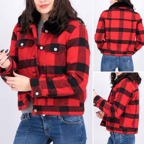 GAP Jackets & Blazers - GAP Red Black Plaid Flannel Fur Bomber Jacket Removable Collar Sz. S